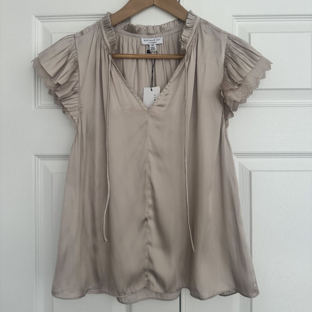 *NWT* Current Air Double Flutter Sleeve Blouse with Eyelet Trim - Taupe, Size XS